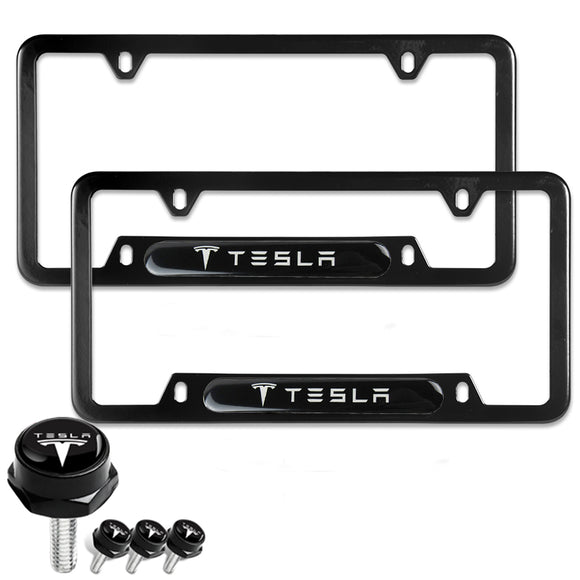 TESLA Stainless Steel License Plate Frame 2pcs Brand New Black SET with Caps Bolt