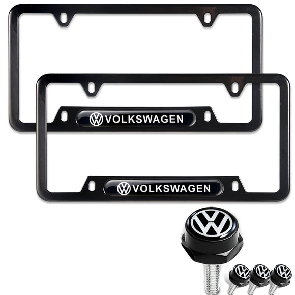 VOLKSWAGEN Stainless Steel Black License Plate Frame 2pcs with Caps Bolt Brand New SET
