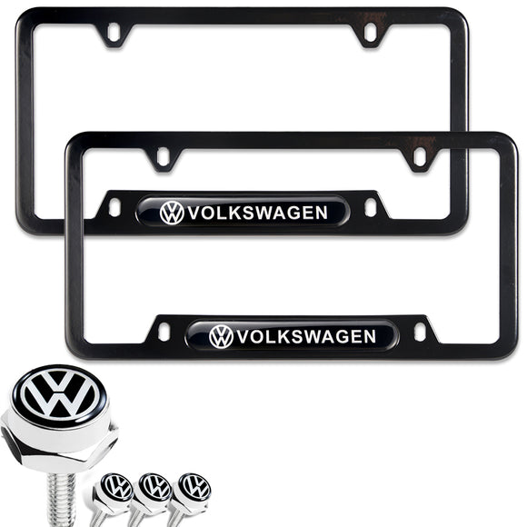 VOLKSWAGEN Stainless Steel Black License Plate Frame 2pcs Brand New SET with Caps Bolt