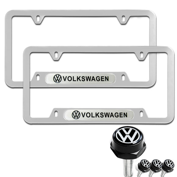 VOLKSWAGEN Stainless Steel License Plate Frame 2pcs with Caps Bolt Brand New SET