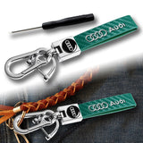 Audi Universal Chrome 3D Logo Carbon Fiber Look Green Leather Metal Gift Decor Quick Release Lanyard Keychain for A1 A4 Q5 Q7 TT