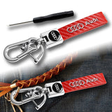 Audi Universal Chrome 3D Logo Carbon Fiber Look Red Leather Metal Gift Decor Quick Release Lanyard Keychain for A1 A4 Q5 Q7 TT