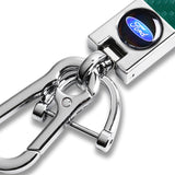 FORD Universal Chrome 3D Logo Carbon Fiber Look Green Leather Metal Gift Decor FORD Racing Quick Release Lanyard Keychain