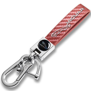 JAGUAR Universal Chrome 3D Logo Carbon Fiber Look Rare Pink Leather Metal Gift Decor Quick Release Lanyard Keychain