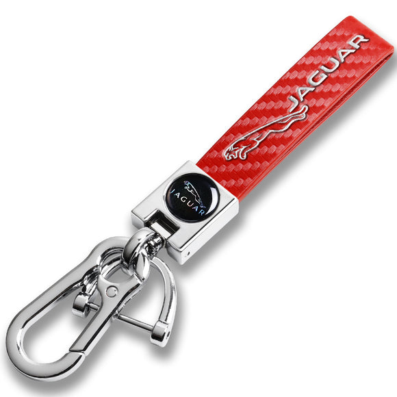JAGUAR Universal Chrome 3D Logo Carbon Fiber Look Red Leather Metal Gift Decor Quick Release Lanyard Keychain