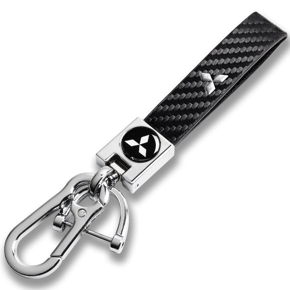 Mitsubishi Universal Chrome 3D Logo Carbon Fiber Look Black Leather Metal Gift Decor Quick Release Lanyard Keychain