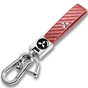Mitsubishi Universal Chrome 3D Logo Carbon Fiber Look Pink Leather Metal Gift Decor Quick Release Lanyard Keychain