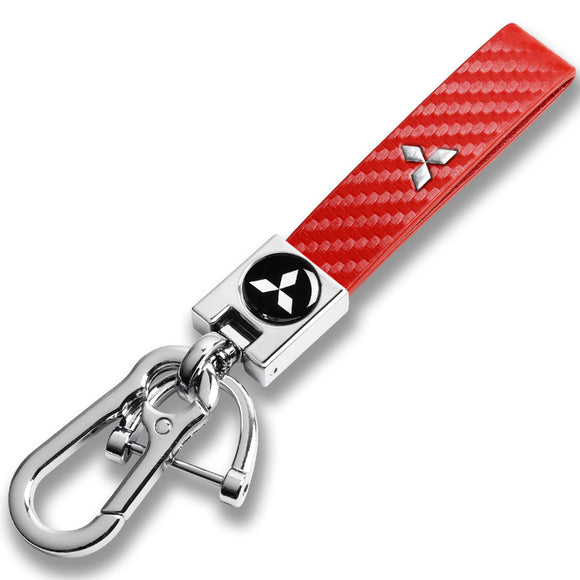 Mitsubishi Universal Chrome 3D Logo Carbon Fiber Look Red Leather Metal Gift Decor Quick Release Lanyard Keychain