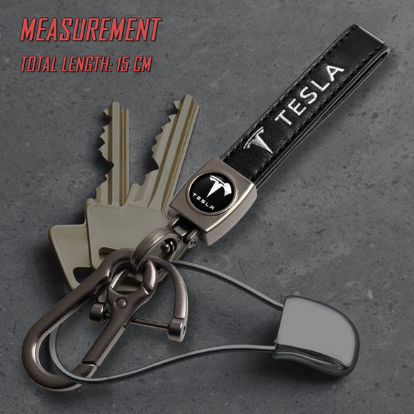 TESLA Universal 3D Logo Rare Black Leather Metal Gift Decor Quick Release Lanyard Keychain