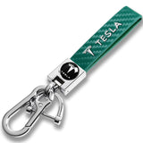 TESLA Universal Chrome 3D Logo Carbon Fiber Look Rare Green Leather Metal Gift Decor Quick Release Lanyard Keychain