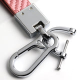 TESLA Universal Chrome 3D Logo Carbon Fiber Look Rare Pink Leather Metal Gift Decor Quick Release Lanyard Keychain