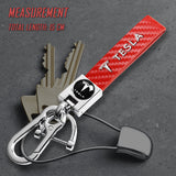 TESLA Universal Chrome 3D Logo Carbon Fiber Look Rare Red Leather Metal Gift Decor Quick Release Lanyard Keychain