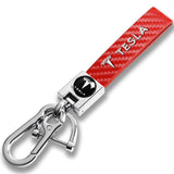 TESLA Universal Chrome 3D Logo Carbon Fiber Look Rare Red Leather Metal Gift Decor Quick Release Lanyard Keychain
