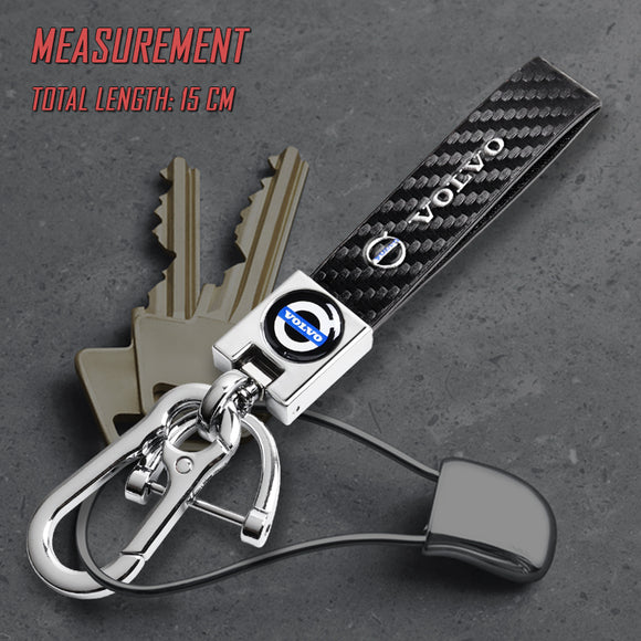 VOLVO Universal Chrome 3D Logo Carbon Fiber Look Black Leather Metal Gift Decor Quick Release Lanyard Keychain