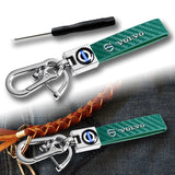 VOLVO Universal Chrome 3D Logo Carbon Fiber Look Green Leather Metal Gift Decor Quick Release Lanyard Keychain