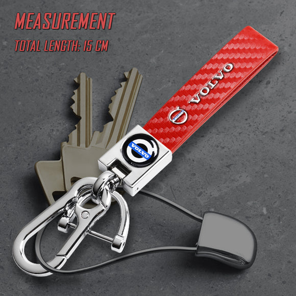 VOLVO Universal Chrome 3D Logo Carbon Fiber Look Red Leather Metal Gift Decor Quick Release Lanyard Keychain