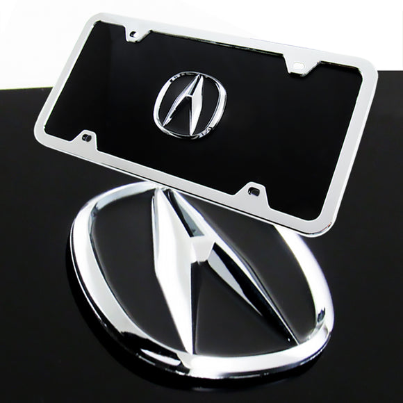 Acura 3D Logo Stainless Steel with Black Acrylic Construction Front License Plate Frame with caps Authentic