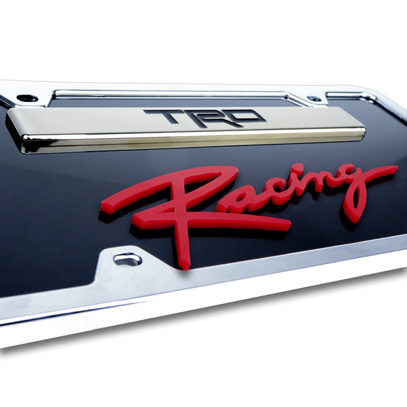 Toyota TRD Racing 3D Black and Chrome Stainless Steel with Black Red Acrylic License Plate Frame + Caps Set OFFICIAL LICENSED