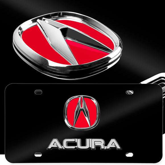 ACURA Stainless Steel Black Chrome Finish 3D Dual Red Logo Front License Plate Frame