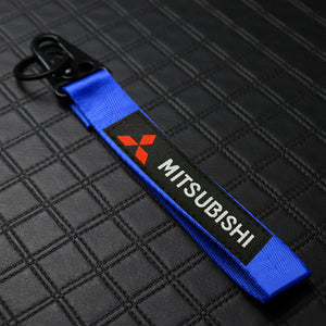 For Mitsubishi Motors Logo Keychain Metal Key Ring Hook Blue Strap Nylon Lanyard