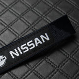 Nissan Set Black Keychain Metal Key Ring with Black Carbon Fiber Look Seat Belt Covers