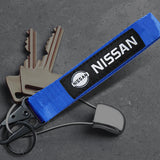 Nissan Set Blue Keychain Metal Key Ring with Black Carbon Fiber Look Seat Belt Covers