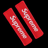 Supreme3M Set Embroidered Logo Red Seat Belt Covers with Black Metal Pendant with Calf Leather Keychain For Honda Toyota