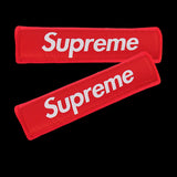 Supreme3M Set Embroidered Logo Red Seat Belt Covers with Black Metal Pendant with Calf Leather Keychain For Honda Toyota