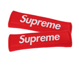 Supreme3M Red Set Embroidered Logo Seat Belt Covers with Metal Pendant with Calf Leather Keychain For Honda Toyota