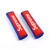 Supreme3M Set Blue Embroidered Logo Seat Belt Covers with Metal Pendant with Calf Leather Keychain For Honda Toyota