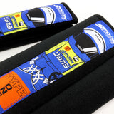 JDM Spoon Sports Set Type One Black & Blue Soft Cotton Embroidery Seat Belt Cover Shoulder Pads with Keychains