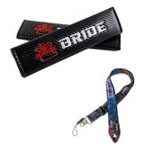 JDM BRIDE Carbon Set Embroidery Seat Belt Cover Shoulder Pads with Bride Keychain Lanyard