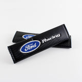 Ford Racing Set of Silver Car Wheel Tire Valves Dust Stem Air Caps Keychain with Carbon Fiber Look Seat Belt Covers