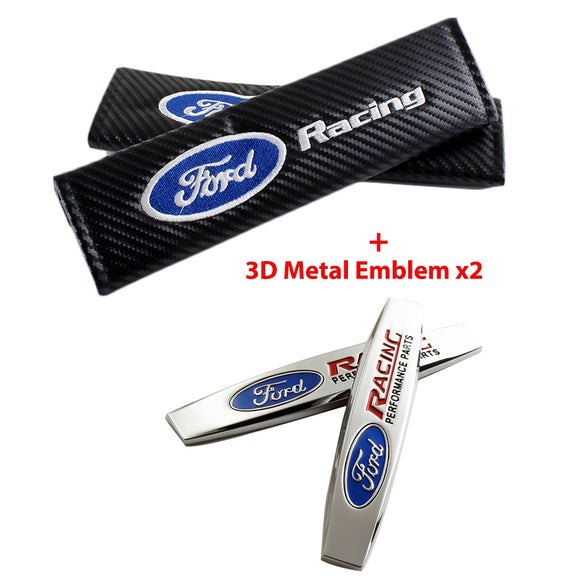 Ford Racing Set Black Carbon Fiber Look Seat Belt Cover X2 with Metal 3D Emblems