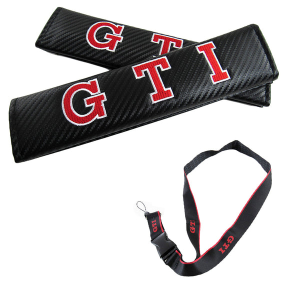 Volkswagen Golf GTI Black Carbon Fiber Look Embroidery Shoulder Pads Seat Belt Cover X2 with Keychain