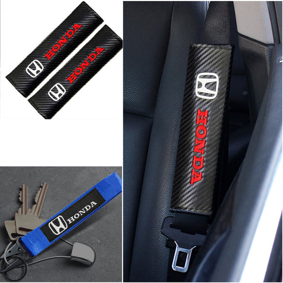 HONDA Set Universal ACCORD CIVIC Fit CR-V Carbon Fiber Look Seat Belt Cover with Metal Key Ring