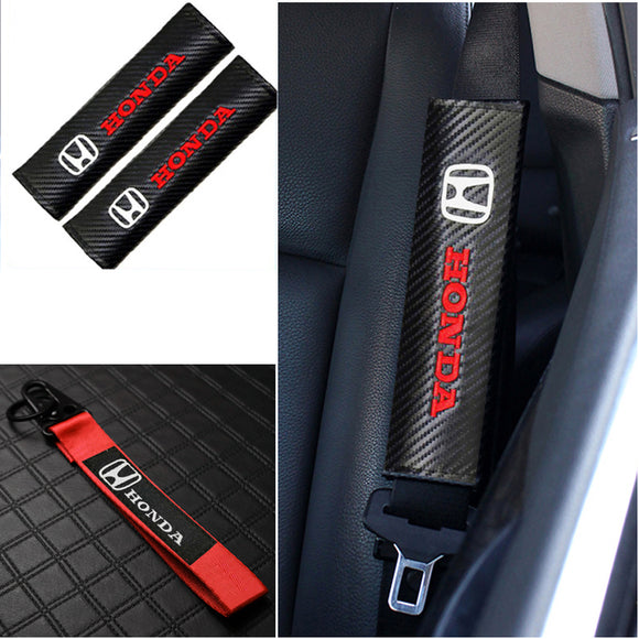 HONDA Set Universal ACCORD CIVIC Fit CR-V Carbon Fiber Look Seat Belt Cover with Red Metal Key Ring