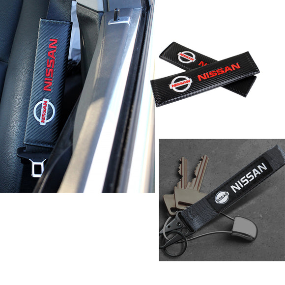 Nissan Set Black Keychain Metal Key Ring with Black Carbon Fiber Look Seat Belt Covers