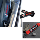 Nissan Set Red Keychain Metal Key Ring with Black Carbon Fiber Look Seat Belt Covers