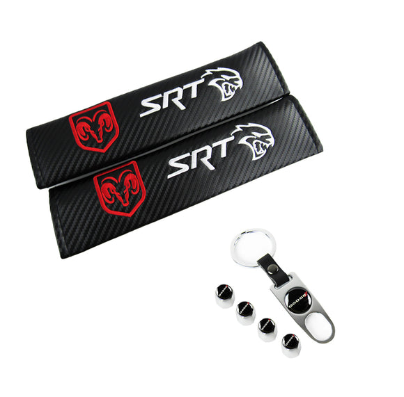 DODGE SRT Set Seat Belt Covers with Silver Wheel Tire Valves Air Caps Keychain Set - US SELLER