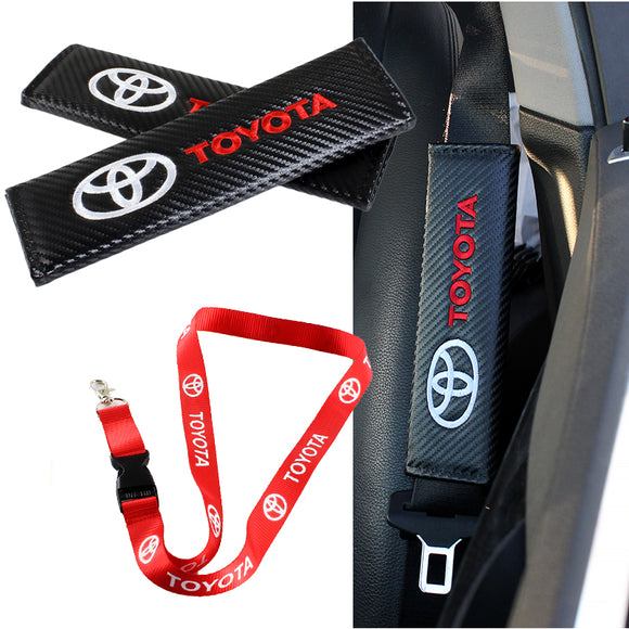 Toyota Set Carbon Fiber Look Embroidery Seat Belt Cover Shoulder Pads X2 with Keychain Lanyard