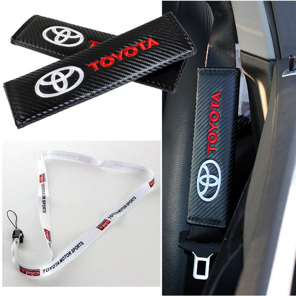 Toyota Set Black Carbon Fiber Look Embroidery Seat Belt Cover Shoulder Pads X2 with Keychain Lanyard