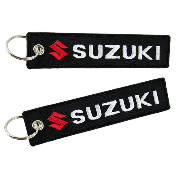 For SUZUKI DOUBLE SIDED EMBROIDERED BLACK KEY TAG KEYCHAIN CELL HOLDERS KEY RING X2