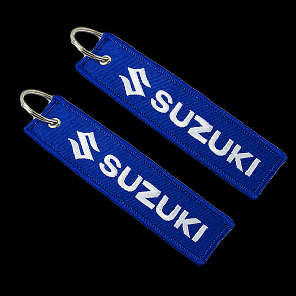 For SUZUKI DOUBLE SIDED EMBROIDERED BLUE KEY TAG KEYCHAIN CELL HOLDERS KEY RING X2