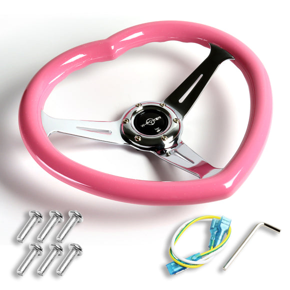 Universal Heart Shaped Racing Pink Steering Wheel Set Car ABS JDM