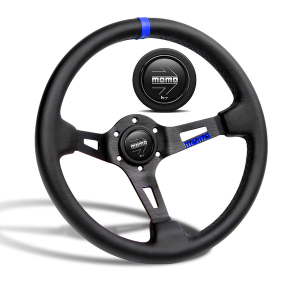 Blue Line 350mm MOMO Racing Steering Wheel Microfiber Leather with MOMO Horn Button