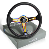 Nardi New Neo Gold 3 Spoke with Titanium 350MM/ 13.78" Black Leather with Red Stitching Steering Wheel with Nardi Logo Horn Button
