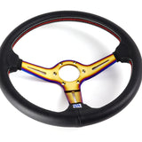 Nardi New Neo Gold 3 Spoke with Titanium 350MM/ 13.78" Black Leather with Red Stitching Steering Wheel with Nardi Logo Horn Button
