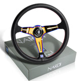 Nardi 88MM DEEP DISH 350MM/ 13.78" Black Leather with Red White Stitching Steering Wheel with Nardi Logo Horn Button 3 Spokes Titanium Neo Sty