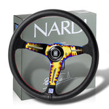 Nardi 88MM DEEP DISH 350MM/ 13.78" Black Leather with Red White Stitching Steering Wheel with Nardi Logo Horn Button 3 Spokes Neo Gold Blue Sty